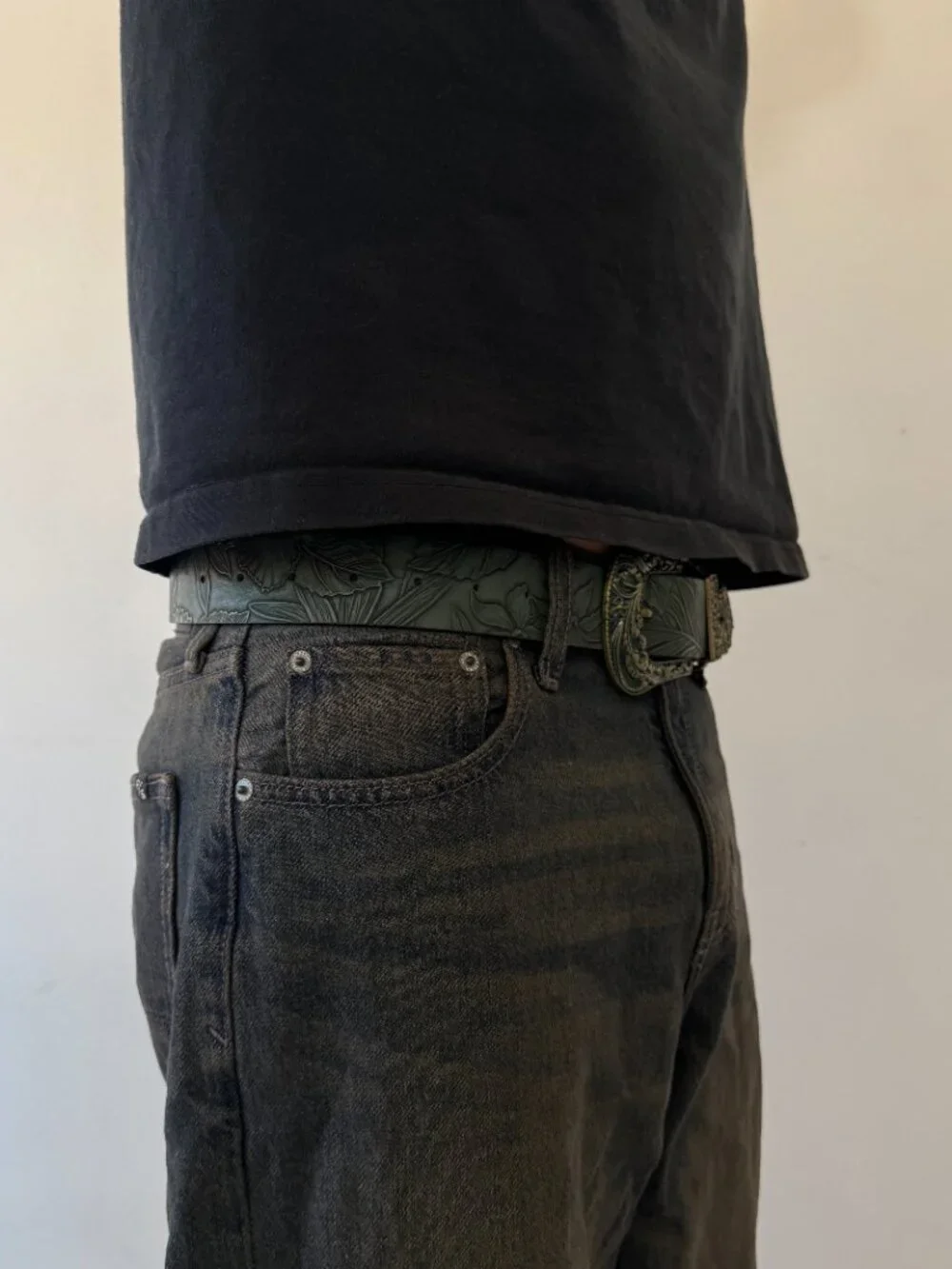 Olive Green Tooled Faux Leather Western Buckle Belt